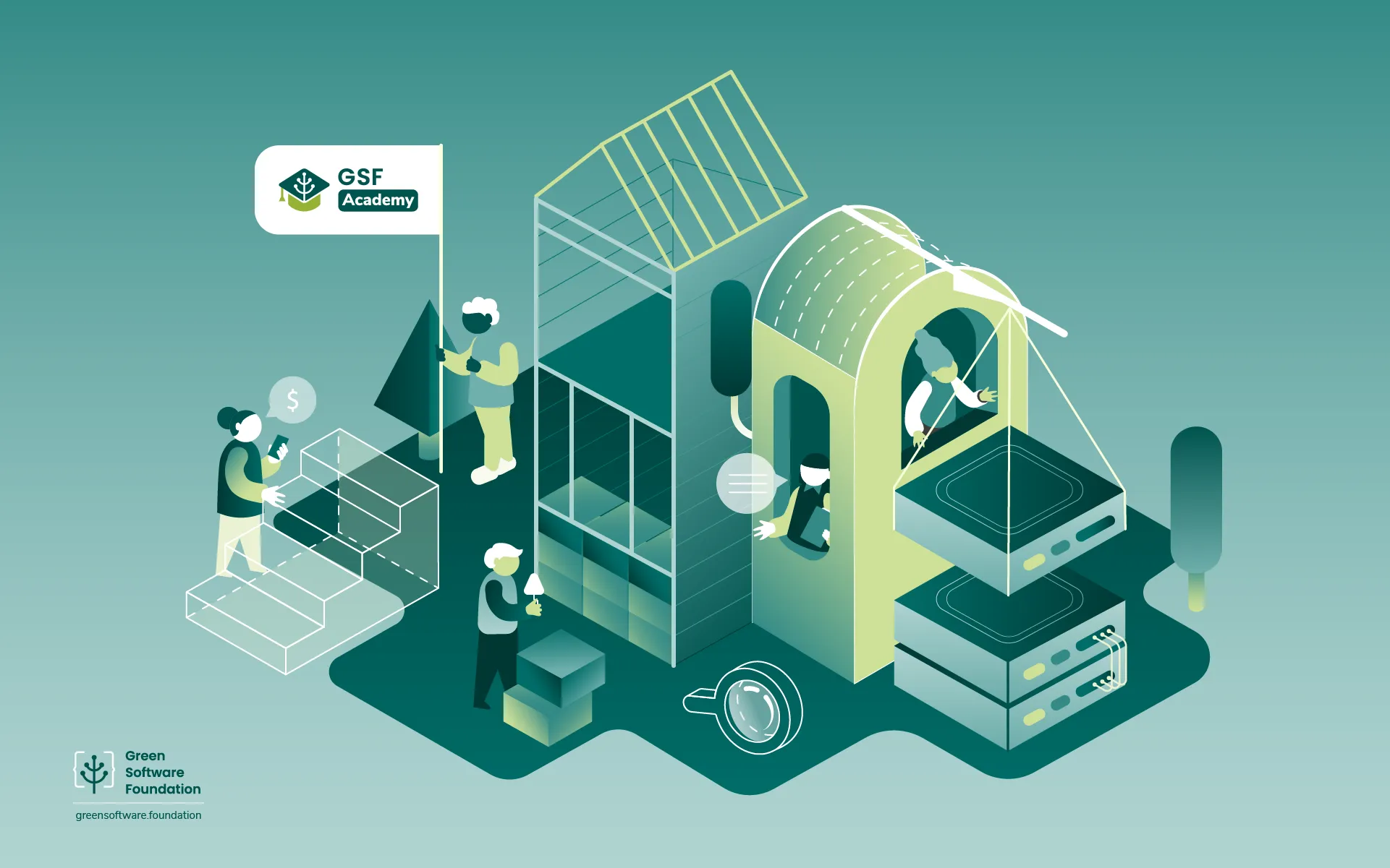 Isometric illustration of the GSF Academy, showing people building and assembling a structure with data servers, books, and tools — representing the Green Software Foundation's initiative to build sustainable AI skills and training.