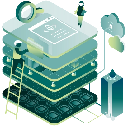 The technology stack from silicon to screen, shown as layered planes from chip-level hardware up to the user interface